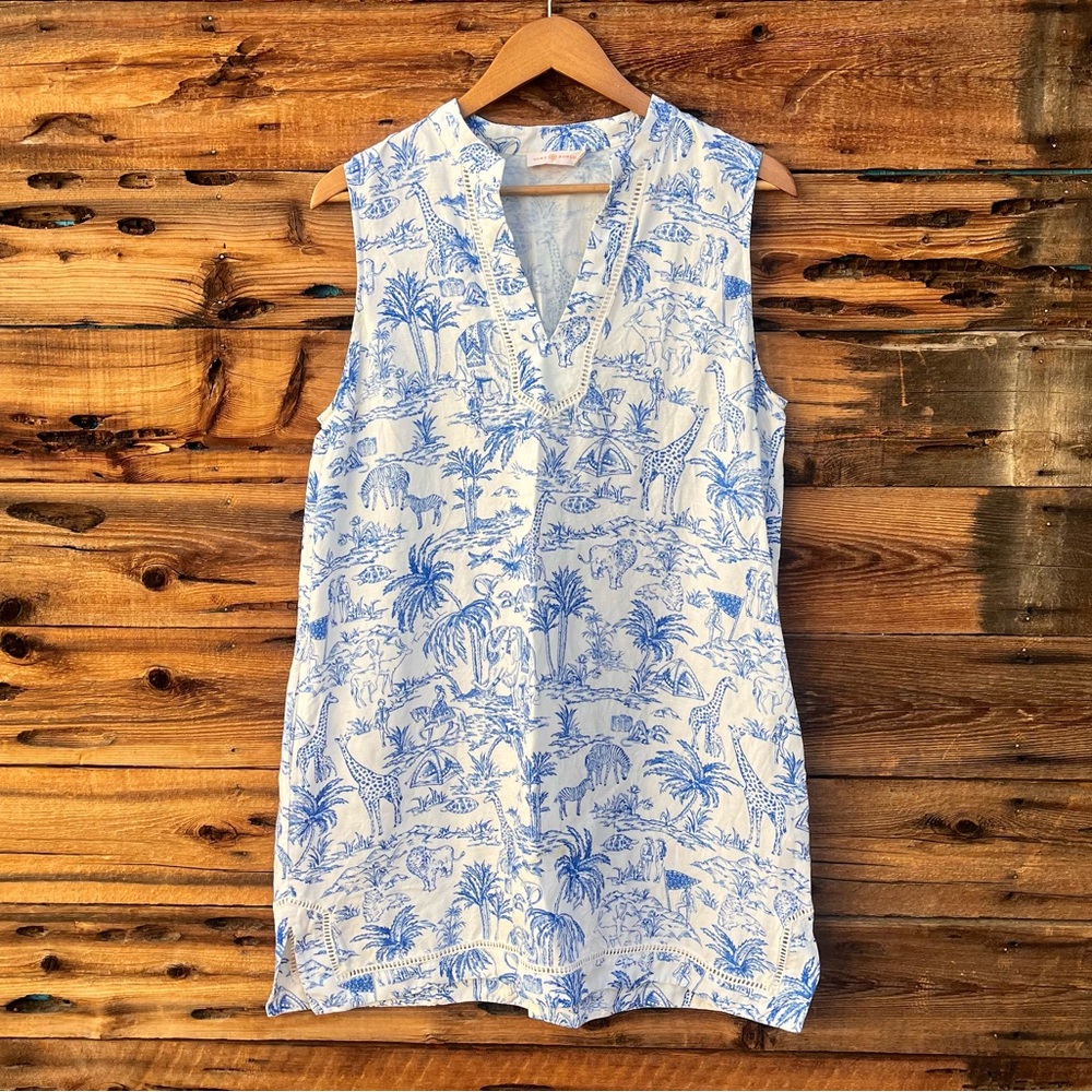 TORY BURCH | Linen Blend Sleeveless Blue White Printed Dress 8